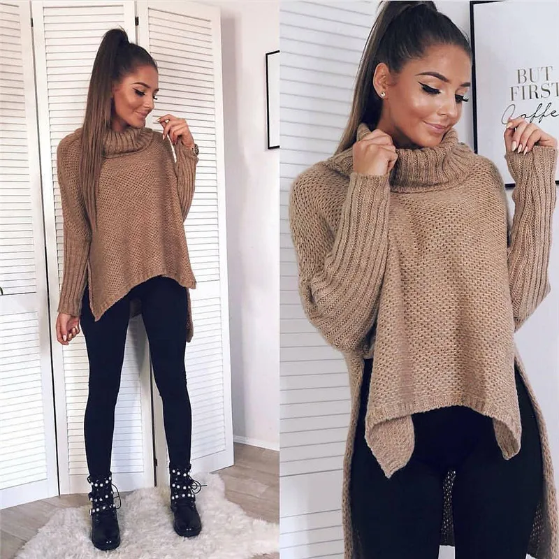 

Chic Irregular Turtleneck Sweaters for Women Autumn and Winter Warm Long Sleeve Knitted Pullovers Female High Street Top Sweater