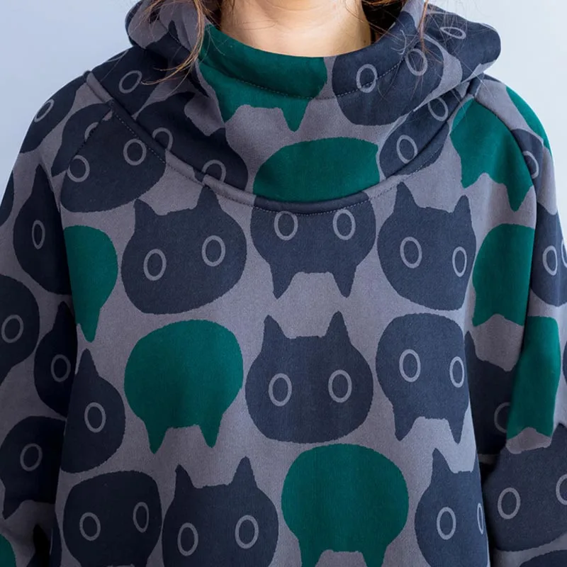 

2020 New Autumn Kawaii Cartoon Print Cat Hoodie For Women Vintage Hooded Velvet Thickening Oversize Harajuku Hoodies Dresses 5XL