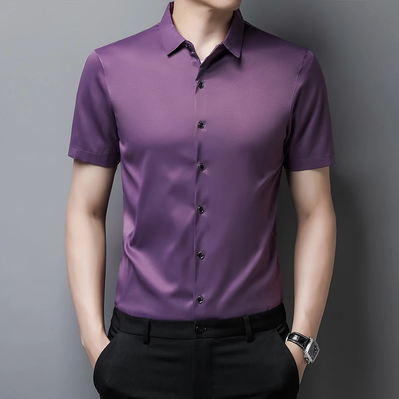 Мужская классическая шелковая рубашка синяя гладкая большого размера