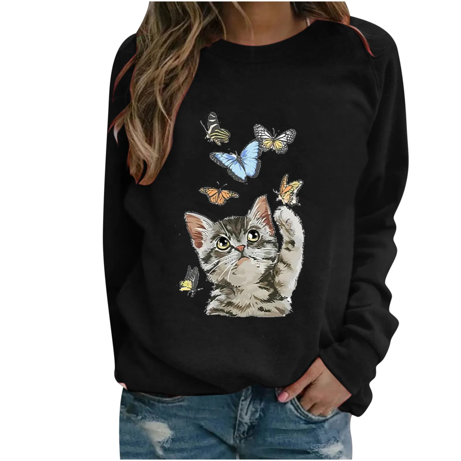 women's Hoodi Fashion Women Casual O- Neck Cat  Print Long-sleeved T-shirt las mujeres sweetshirts 2021 new hot sale