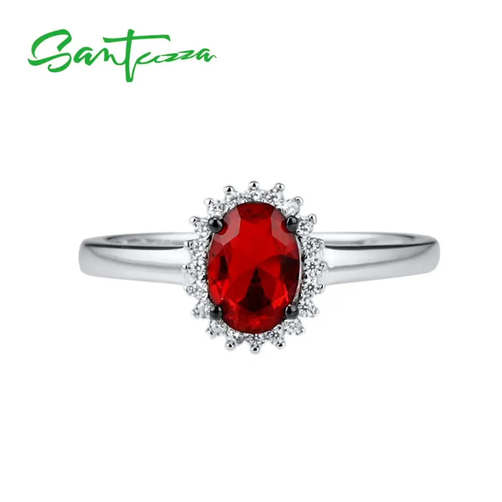 SANTUZZA Silver Rings For Women Pure 925 Sterling Silver Glamorous Red Oval Glass Ring Elegant Wedding Accessories Fine Jewelry
