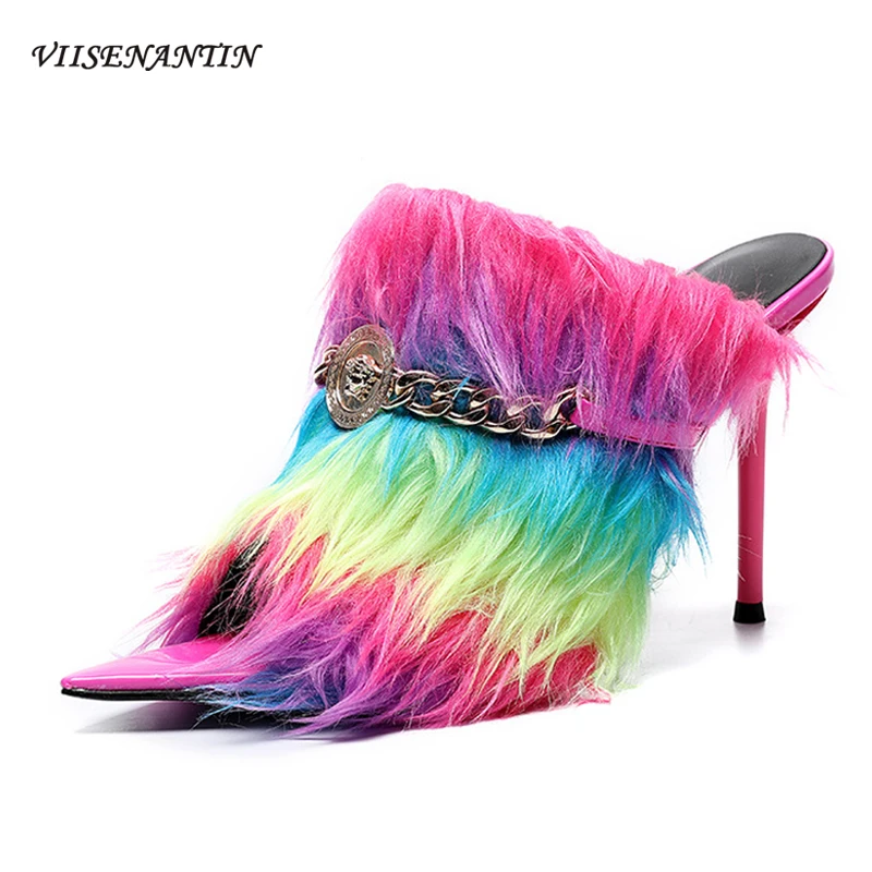 

New Rainbow Feather Metal Buckle Sandals Mules Sexy Thin Heel Sandals Slipper Pointed Toe Stiletto Runway Party Shoes Amazing