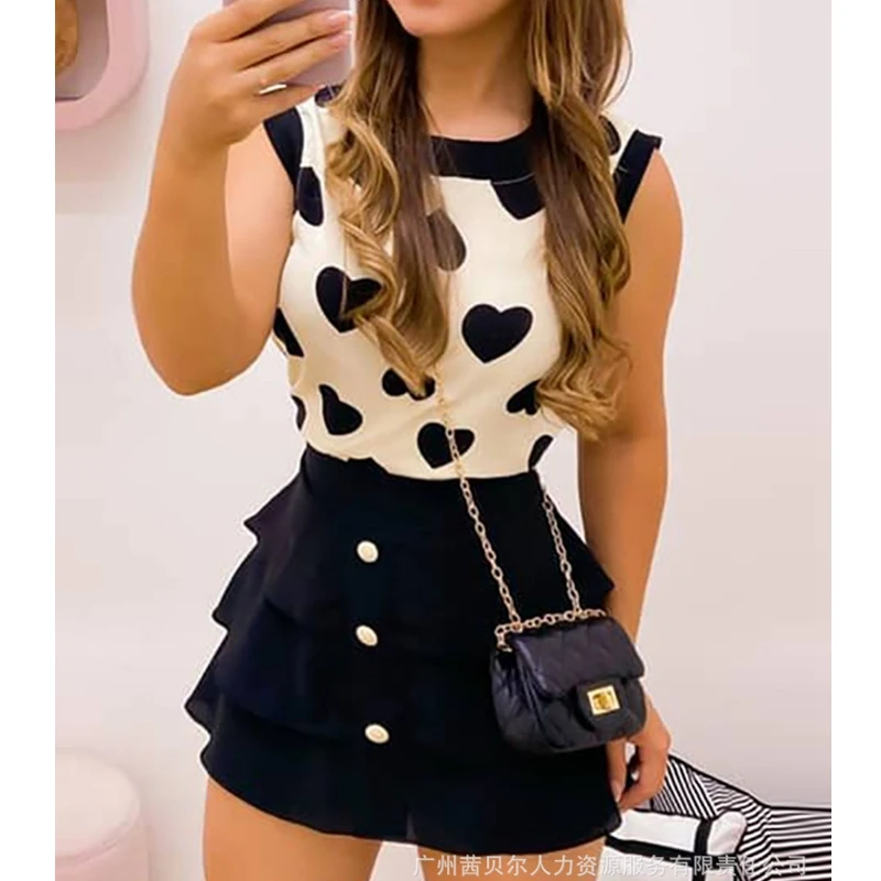 

Mandylandy Beige Love Skirts Sets Women Summer Sexy Tank Tops 2 Piece Sets Outfits Dress Sets Button Pencil Skirts Sets Tops