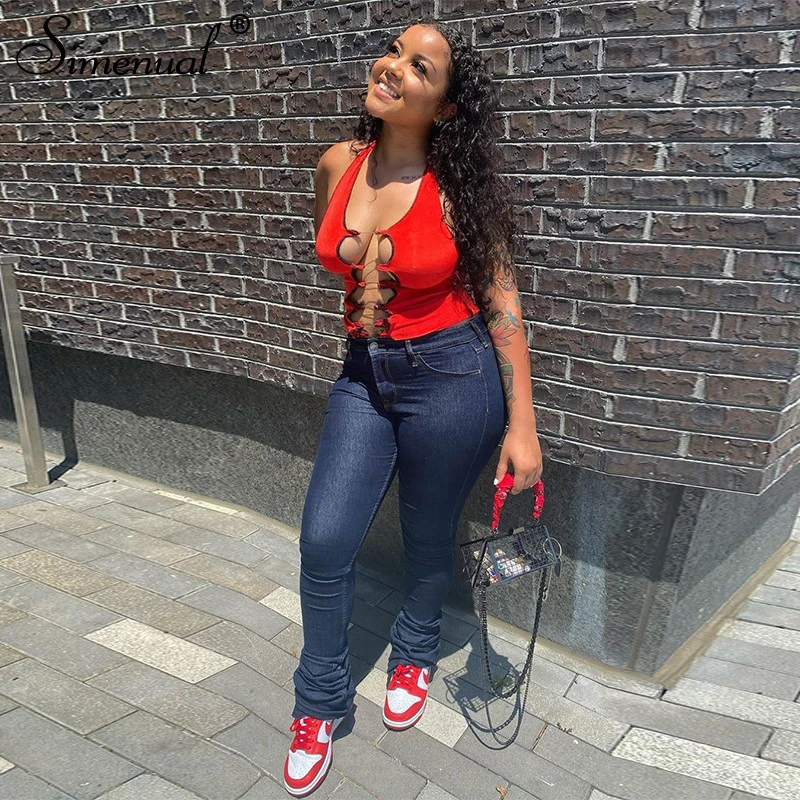 

Simenual Ruched Denim Blue High Wait Stacked Pants Autumn 2021 Women Clothing Streetwear Jeans Fashion Skinny Pockets Trousers