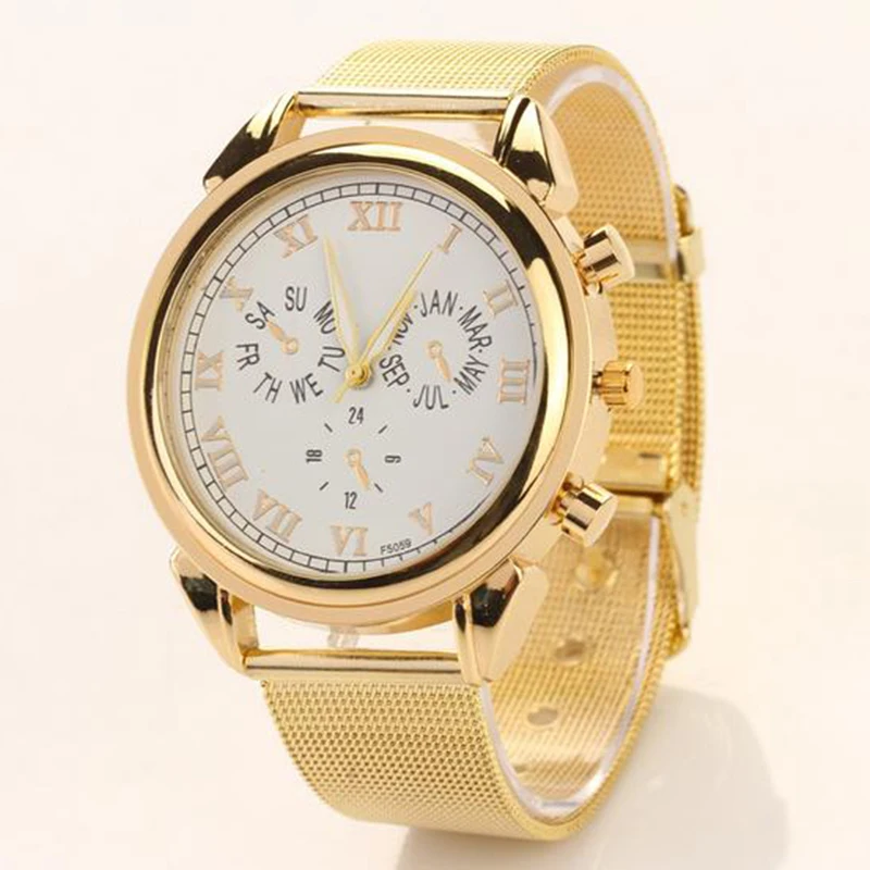 

Elegant Birthday Gift Sports Gold Charming Business Mesh Band Stainless Steel Fashion Quartz Analog Women Wristwatch