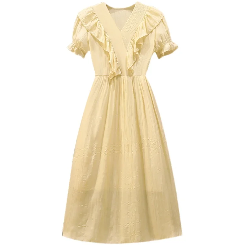 

Plus Size Women Yellow Chiffon Holiday Dress Summer 2021 Ruffle V-neck Short Sleeve High Waist Loose A-Line Long Dresses 4XL