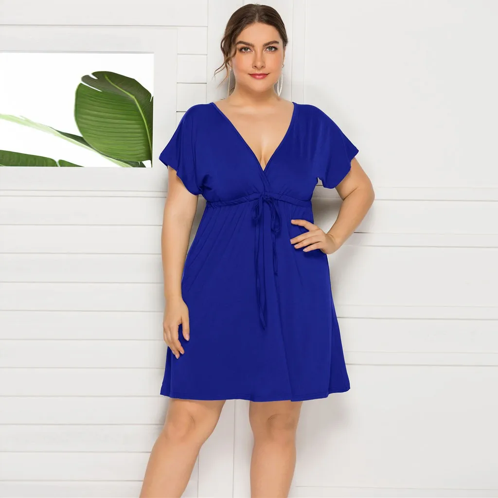 

Plus Size Dresses for Women 2021 vestido de mujer Summer Dress Women Plus Size Sexy Solid Color Short Sleeve Deep V-Neck Dress
