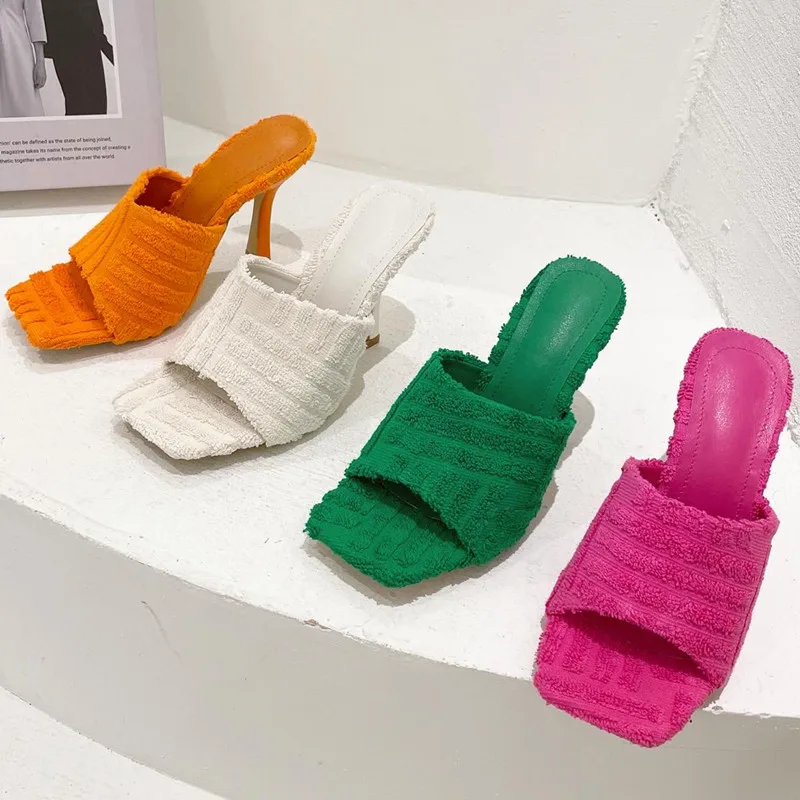 

Women Fur Slippers Sexy High Heels 10cm 2021 Summer Autumn Green Furry Slides High Quality Soft Sole Square Toe Women Shoes