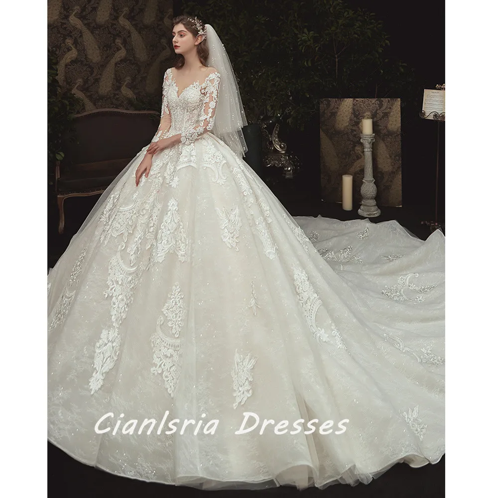 

Beading Pearls Appliques Lace Illusion Princess Ball Gown Wedding Dress With Long Sleeve Vestido De Noiva Princesa