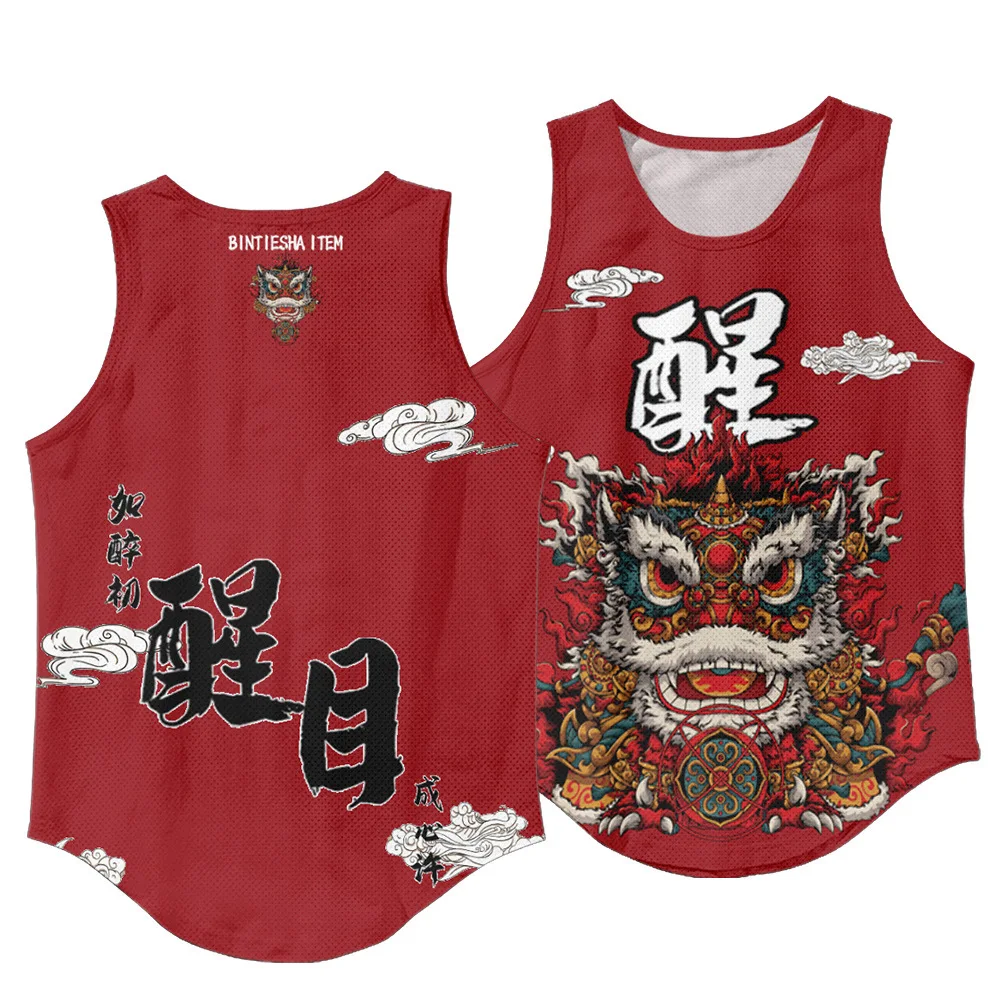 

Майка мужская для спортзала, майка без рукавов с красным принтом, китайский стиль, свитшот для фитнеса, тренировок, спортивная одежда
