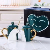ceramic couple cup cat mug gift box 1pair nordic gold green relief heart shaped tray home kitchen bar decoration drinkware