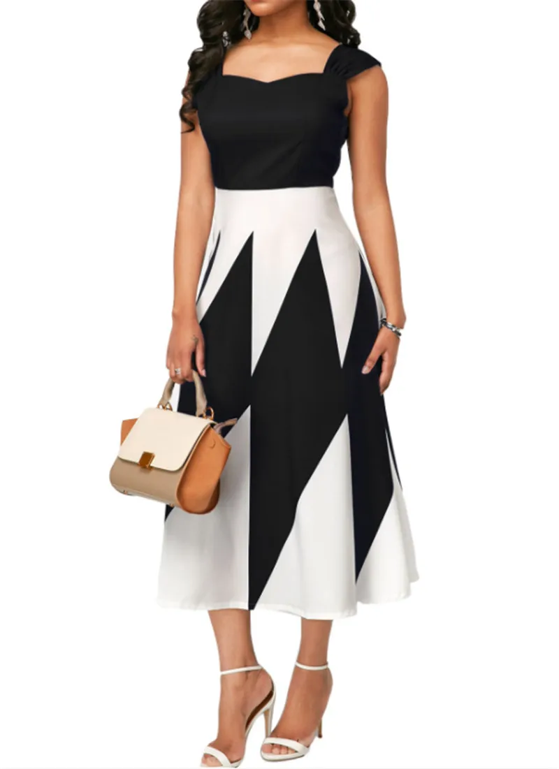 

2020 Summer Dress Ladies Slim High Waist Party Bag Hip Sleeveless Casual Loose Hit Color A Line Mid-calf Plus Size Women Dresses