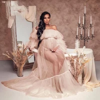ladies long tulle robe for maternity pictures off the shoulder ruffles pregnant women sheer pleated female gowns