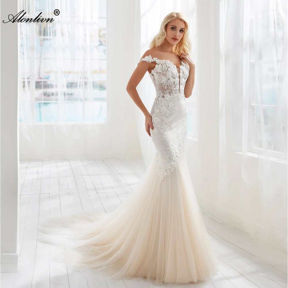 

Alonlivn Elegant Beads 3D Flowers Lace Of Mermaid Wedding Dress With V Neckline Off The Shoulder Empire Bridal Gowns