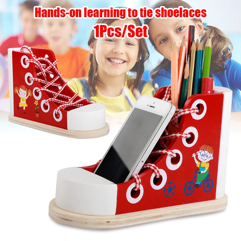 

Multifunction Wooden Lace-up Shoes Toy Learning Lace up Pencil Holder Kid Educational Toy YH-17