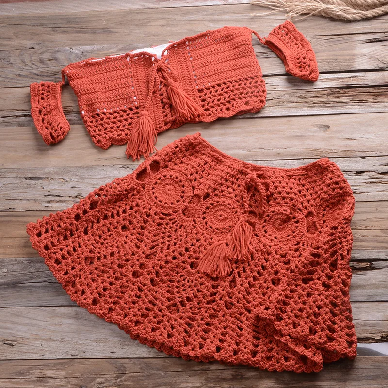 

Swim Cover Up For Women Summer Dress Covers Long Knitting Bikini Off Shoulder Top Handmade Short Skirt Solid Cotton FMZXG Beach