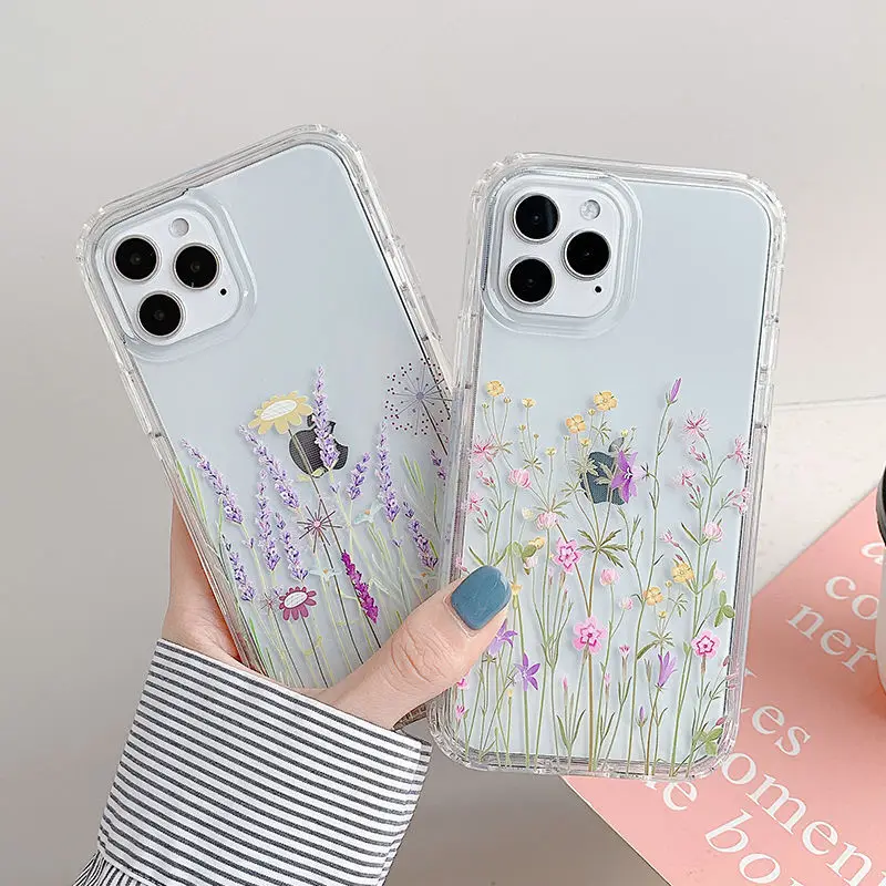 Flowers Leaves Butterfly Phone Case For iPhone 13 12 11Pro Max XR XS X 7 8 Plus SE 2020 12Pro Shockproof Bumper Clear Cover | Мобильные