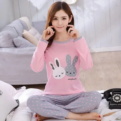 

Cartoon Printed Long-sleeved Women's Pajamas Set Three Cat Print O-neck Pajamas + Sleep Pants New
