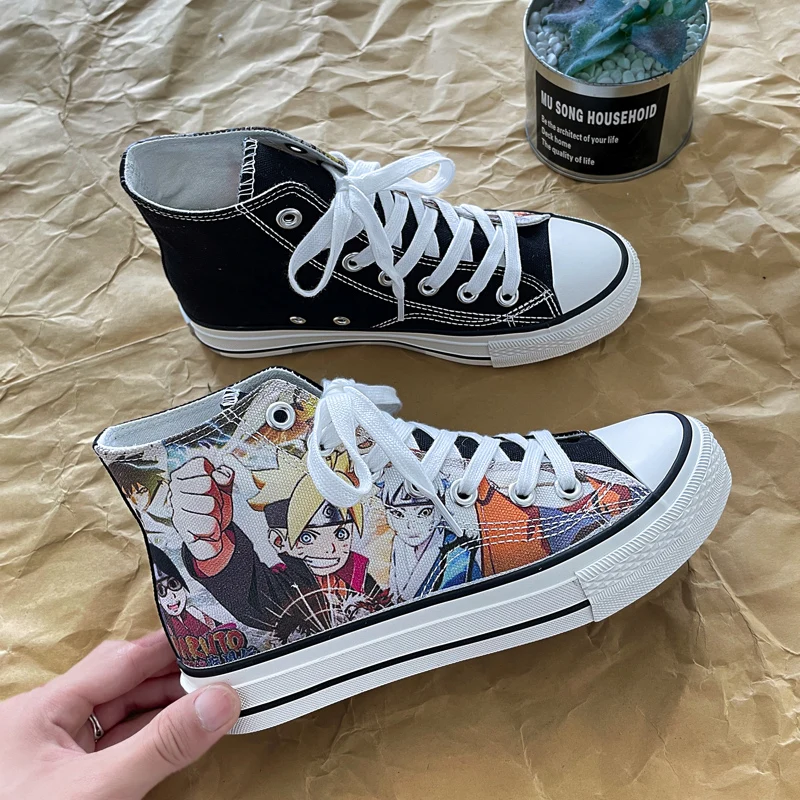 

Женские холщовые кроссовки, высокие кеды с аниме принтом, эспадрильи, цветные граффити, модная обувь