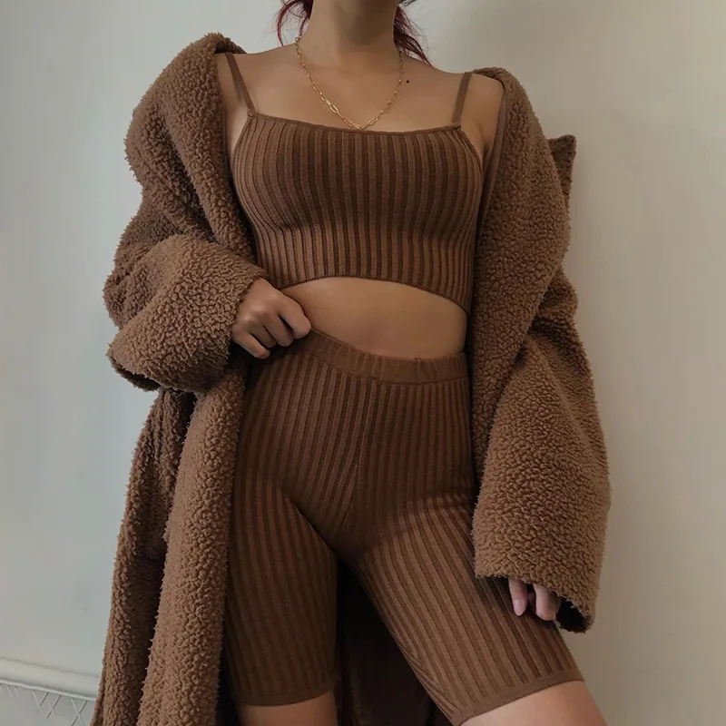 

BIIKPIIK Women Solid Biker Shorts Sext Elegant Knitting Casual Lounge Wear Basic 2 Piece Set 2021 New Female Sportwear Suits