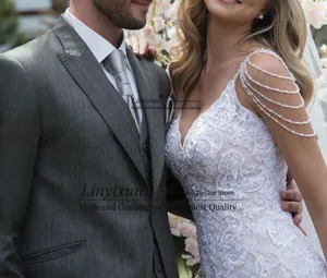 Уникальное кружевное свадебное платье-Русалка Vestido de noiva, Элегантное свадебное платье на бретелях-спагетти с жемчугом, 2020