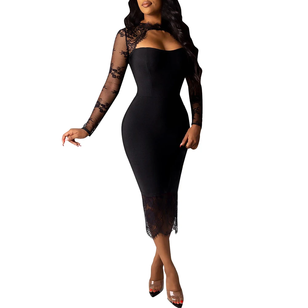 Сексуальное вечернее и платье с вырезами Кружевное облегающее лоскутное длинным