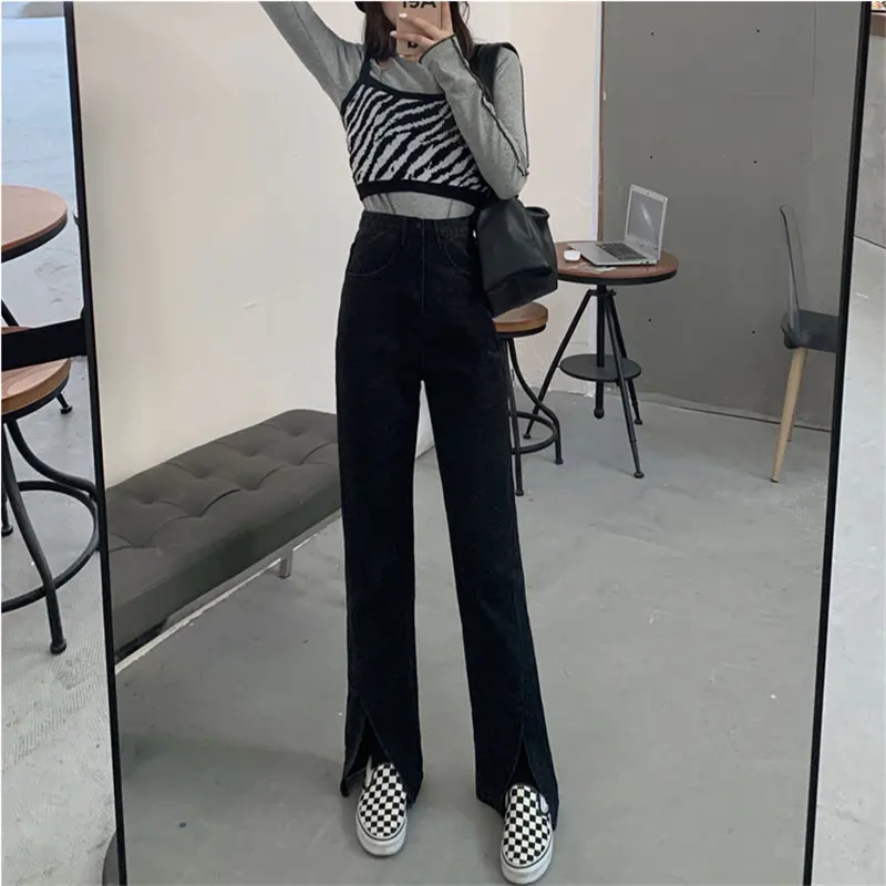 

Harajuku Large Size Split Jeans Fashion All Match Loose Slim Korean Hot Comfortable Elastic Streetwear Denim Trousers