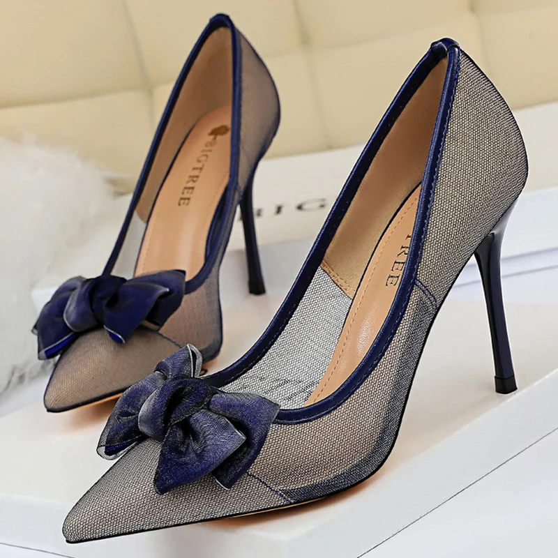 Женские Фетиш Туфли на каблуке 9 см синие туфли лодочки высоком сетчатые с бантом