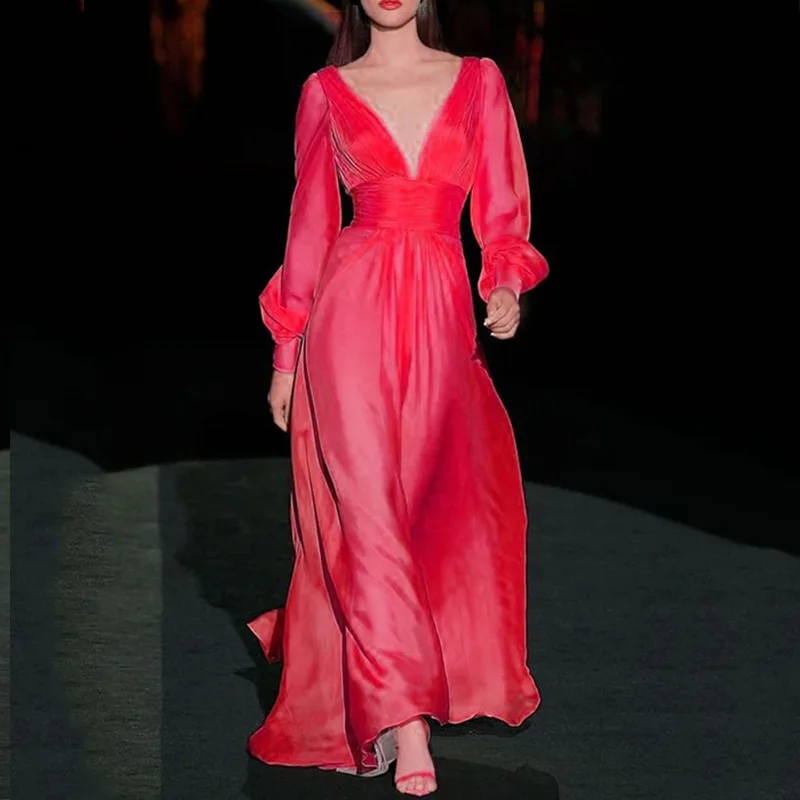 

Mandylandy Dress Summer Fashion V-neck High Waist Lantern Sleeve Dress Women's Casual Solid Color Long Sleeve Dress