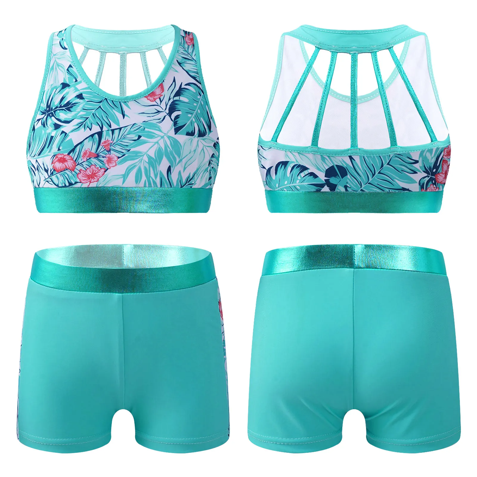 

Kids Girls Stage Dancewear Sets Outfits Stretchy Sleeveless Sport Gymnastics Workout Tanks Tops with Leggings Shorts Hot Pants