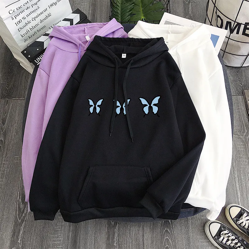 

Повседневные толстовки с капюшоном с принтом бабочки для женщин Harajuku Толстовка с длинными рукавами флисовая женская зимняя одежда с капюшо...