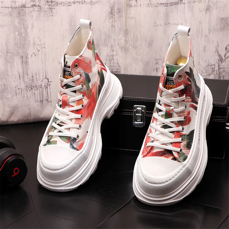 Beli Atasan Tinggi Pria Gambar Cetak Warna Campuran Sneakers Kulit Sepatu Bot Pergelangan Kaki Sepatu Platform Bawah Tebal Hip Hop Kasual Zapatillas Hombre