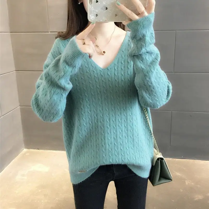 Women's autumn and winter knitted solid color sweater  new V-neck twist knit bottoming pullover loose long-sleeved sweater women