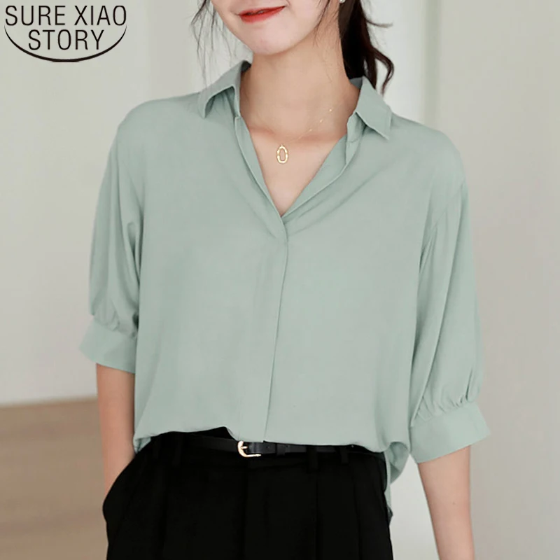 

Women Blouse Summer 2021 Casual Short Sleeve Plus Size Loose V-neck Chiffon Shirts Women Solid Pullover Clothing Blusas 10183