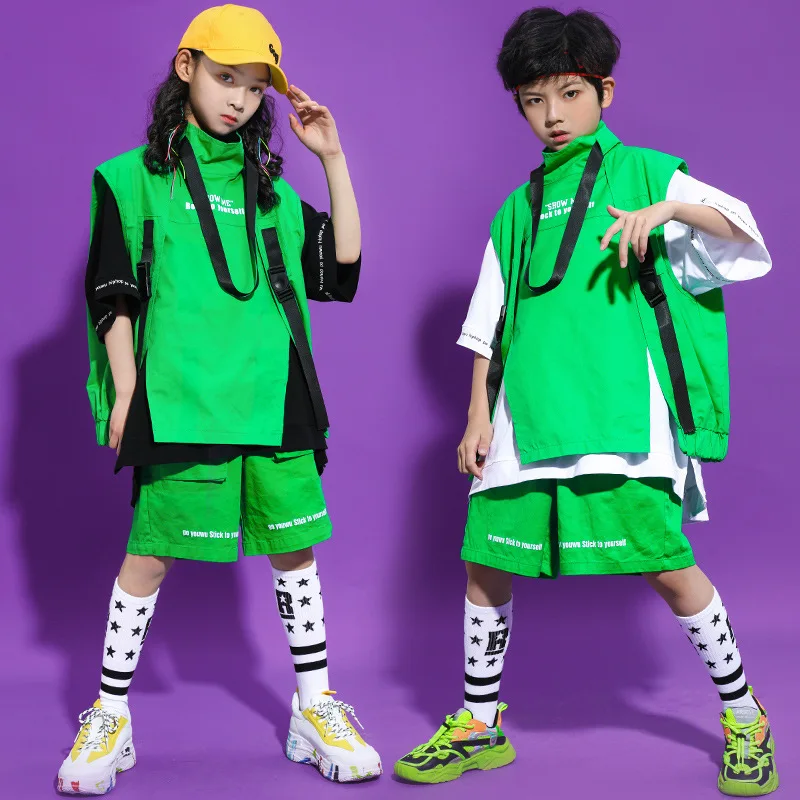 Kid Cool Hip Hop Clothing White Grahphic Tee Oversized T Shirt Top Green Summer Shorts for Girls Boys Jazz Dance Costume Clothes