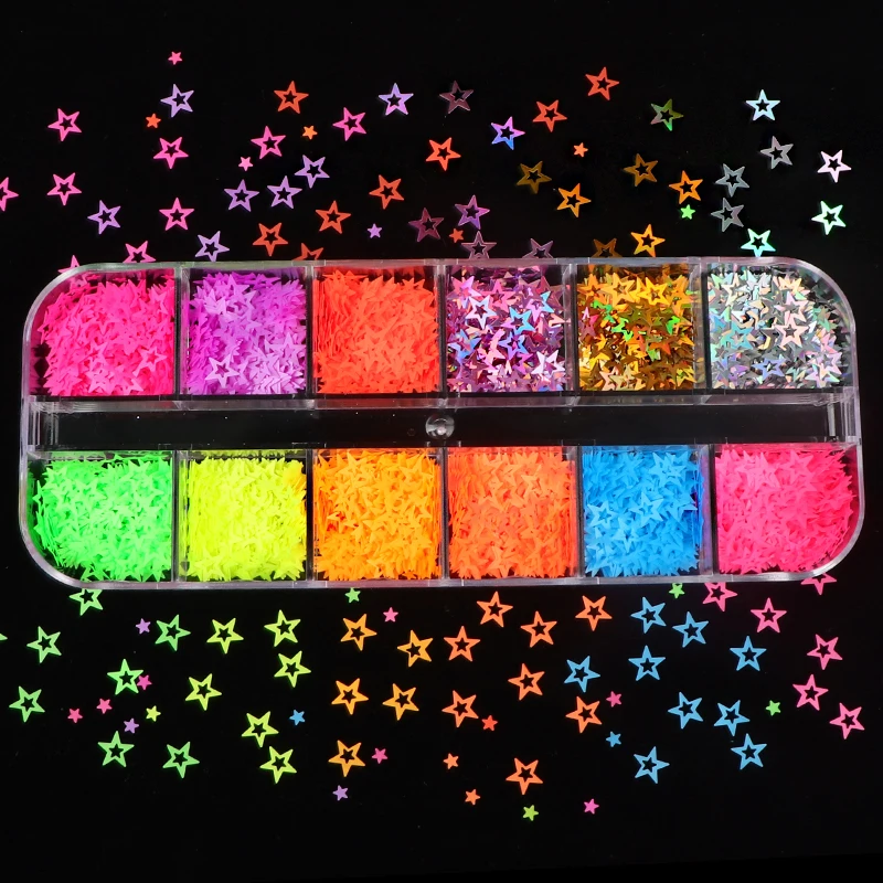 

12 Grid/set Fluorescence Sparkly Sweet Love Heart Glitter 3D Colorful Nail Art Sequins Slices Flakes Polish Manicure Decorations
