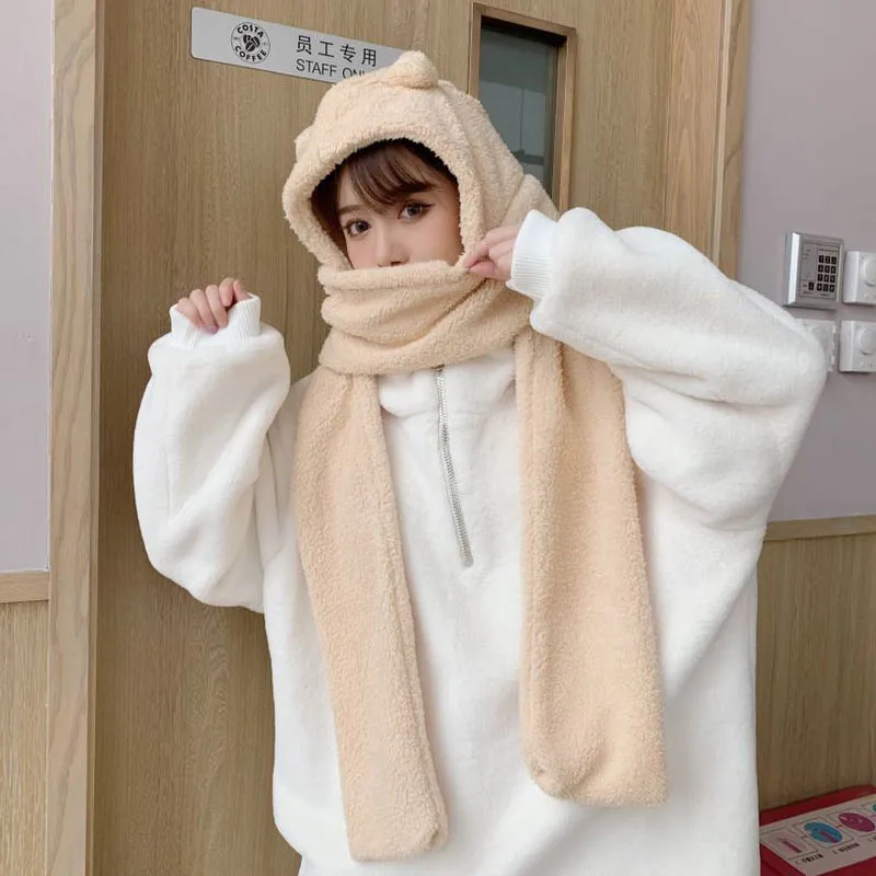 

Japanese Korean Style Kawaii Bear Scarf Women Sweet Cute Warm Thicken Plush Hooded Creative Scarf Soft Girls Student Scarf Top