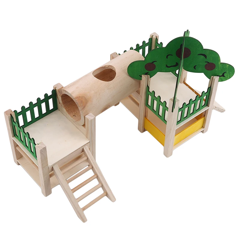 Hamster House Shelter Natural Wooden Rat Playground Activity Platform Villa With Pipe Fence Ladder Roof | Дом и сад