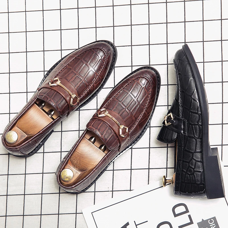 

FIXSYS Leather Mens Loafers Crocodile Pattern Pointed-toe Oxfords Breathable Slip-On Driving Shoes Buckle Design Man Formal Shoe