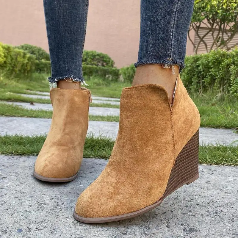 

Women Leopard Ankle Boots Round Toe Booties Winter Footwear Platform High Heels Wedges Shoes Woman Bota Feminina