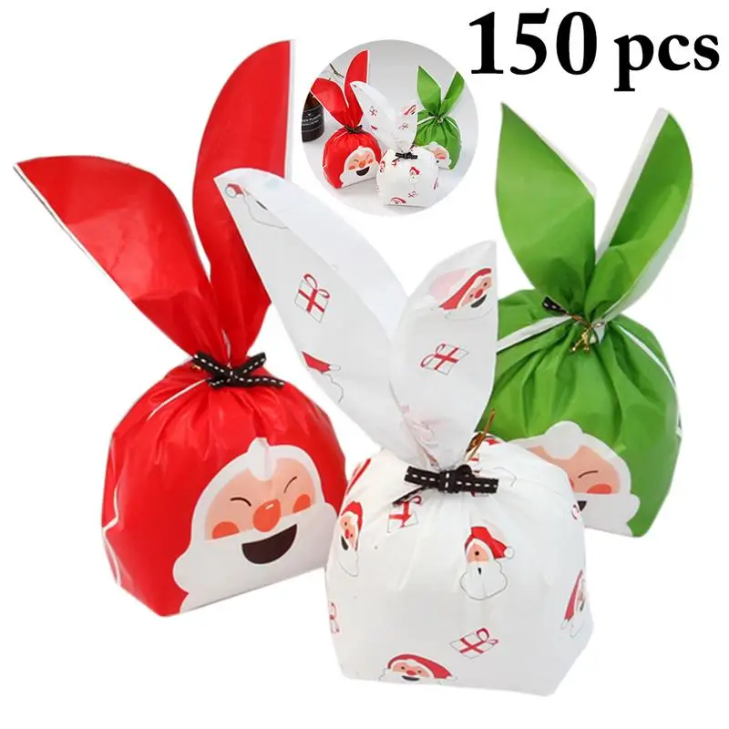 

150pcs Merry Christmas Gift Bags Santa Claus Rabbit Ear Cookie Packing Bags Happy New Year 2019 Christmas Candy Bags Navidad