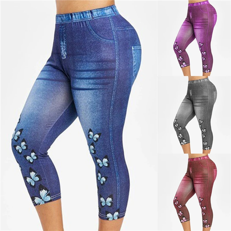 

Women Mid-Calf Leggings Imitate Jeans Printed Stretch Sports Pants Fitness High Waist Leggings Ladies Sweatpants Trousers