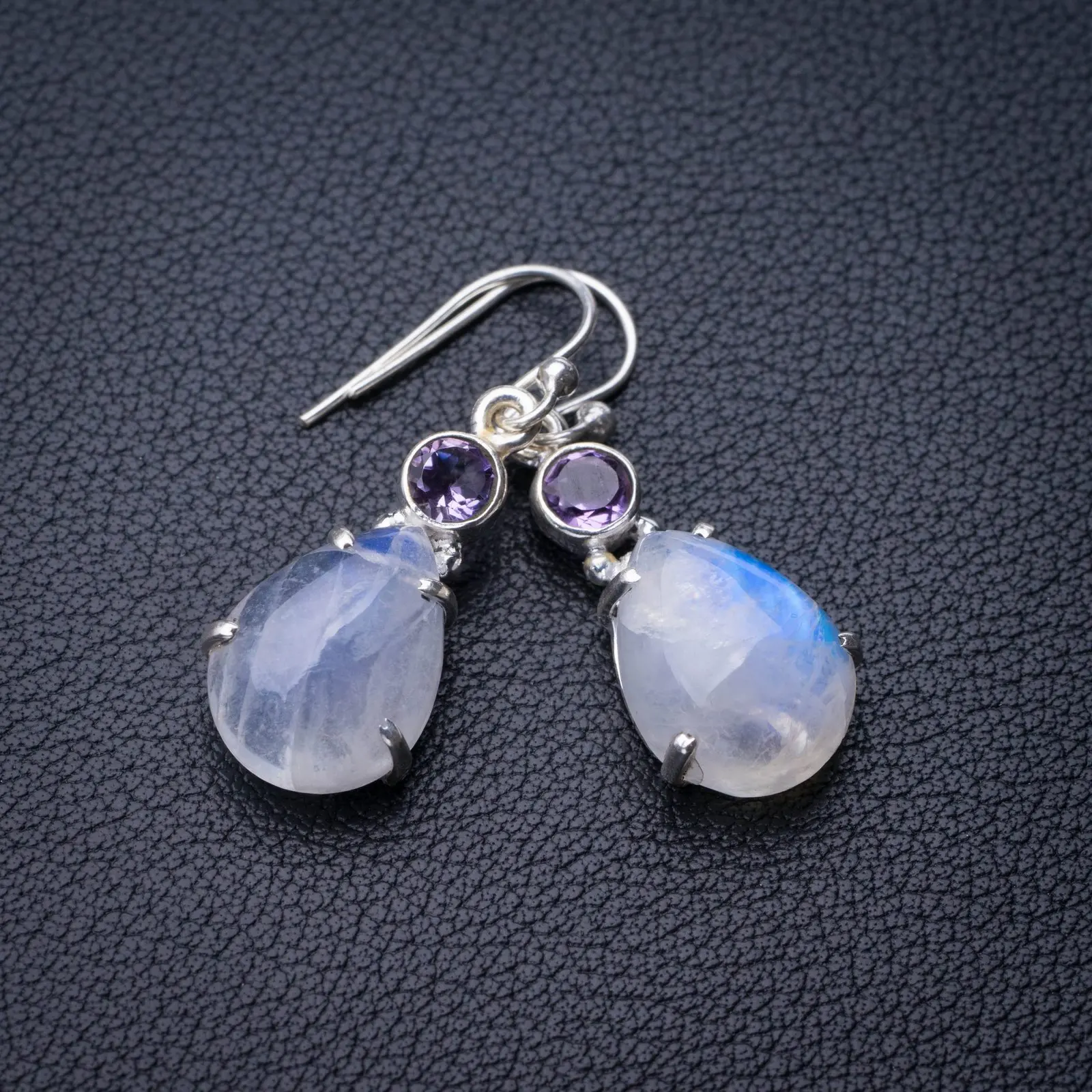 

StarGems Natural Rainbow Moonstone And Amethyst Handmade 925 Sterling Silver Earrings 1.5" E0738