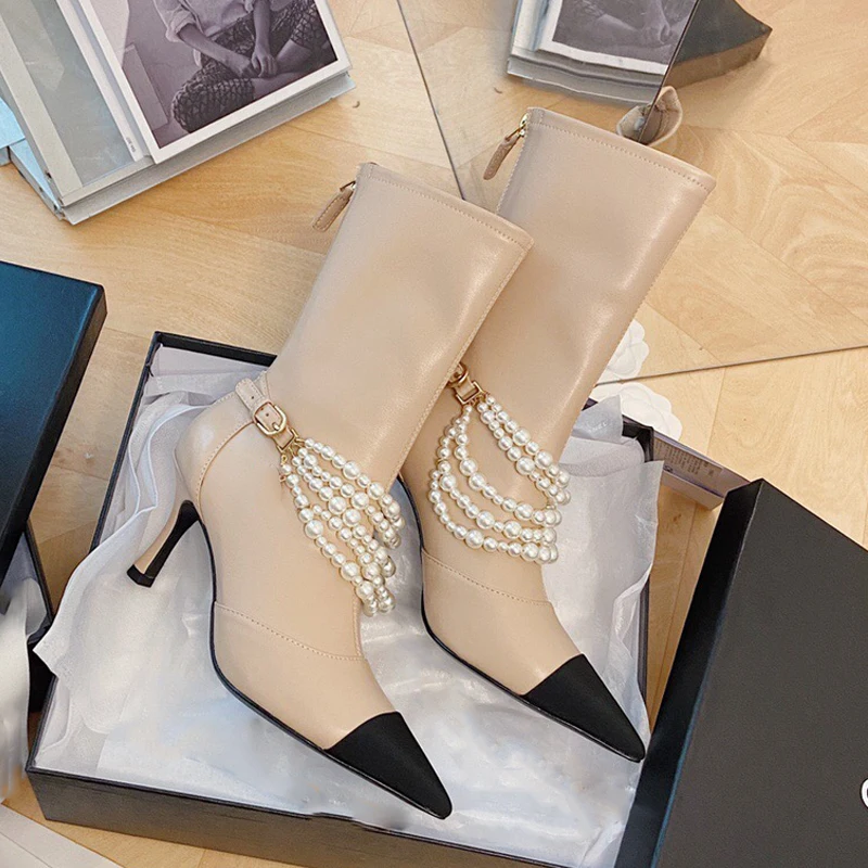 

Retro Fashion Boots Women Pearl Chain Pointed Toe Think Heels Shoes Zip Brand Desgin Boots High Quality Shoes