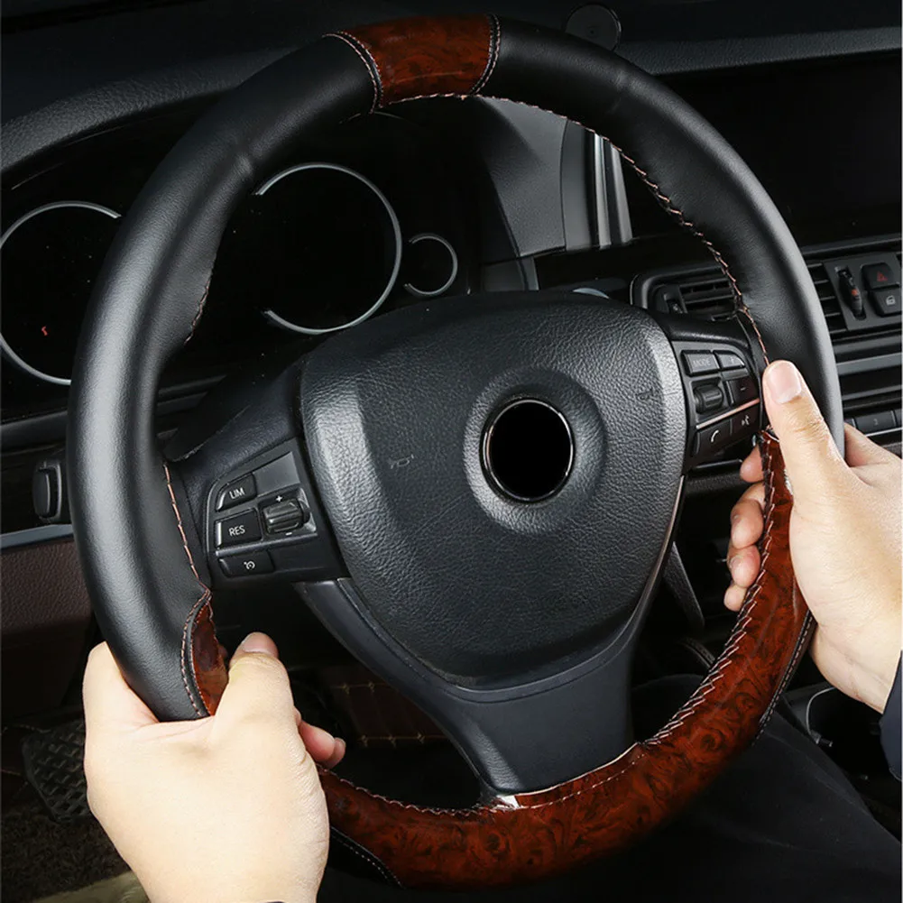 

Leather 38cm DIY Car Peach Wood Steering Wheel Cover With Needles Thread Steering Wheel Cover