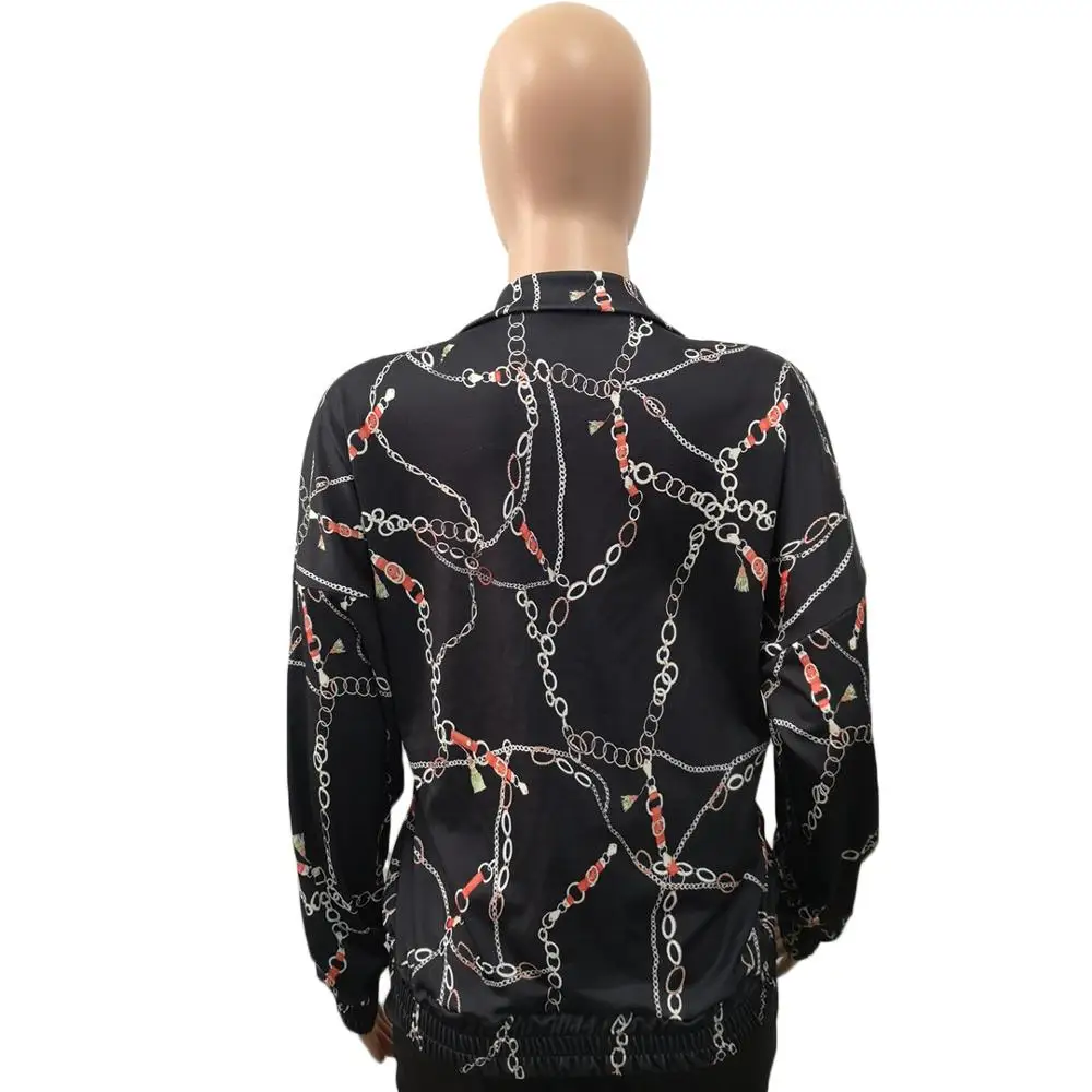 

European autumn fashion printed women's casual coat slim V-neck long sleeve shirt