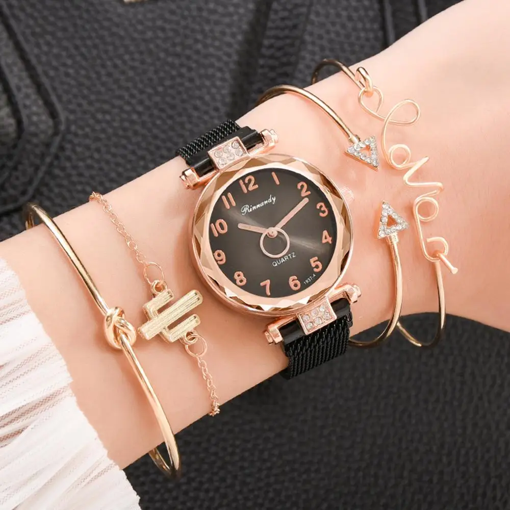 

New Quartz Watch Women's Bracelet Watch Set Five-piece Alloy Strap Luxury Magnet Buckle Wristwatches Clock 2020 orologio donna