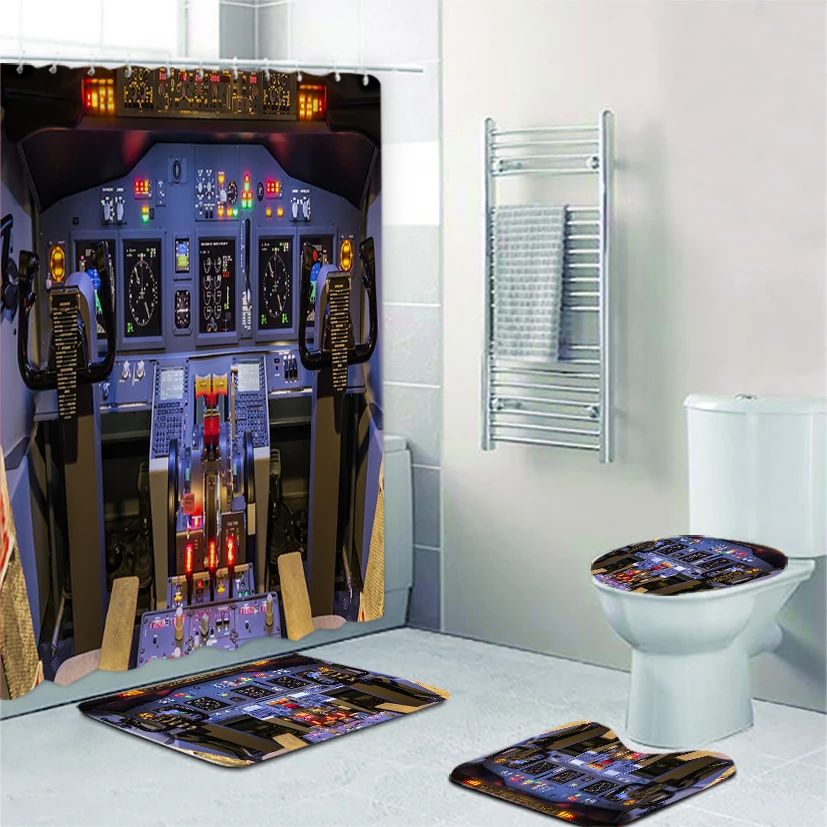 

3D Cool Airplane Cockpit Flight Deck Aircraft Bathroom Shower Curtain Set for Bathroom Modern Technology Aviator Bath Mats Decor