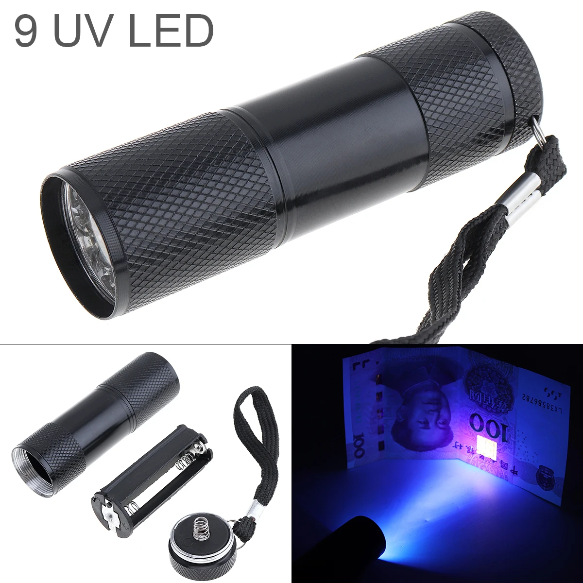 

395nm Aluminum Alloy 9 LED UV Multi-function Flashlight Support 3 x AAA Batteries for Fluorescent Agent Detection
