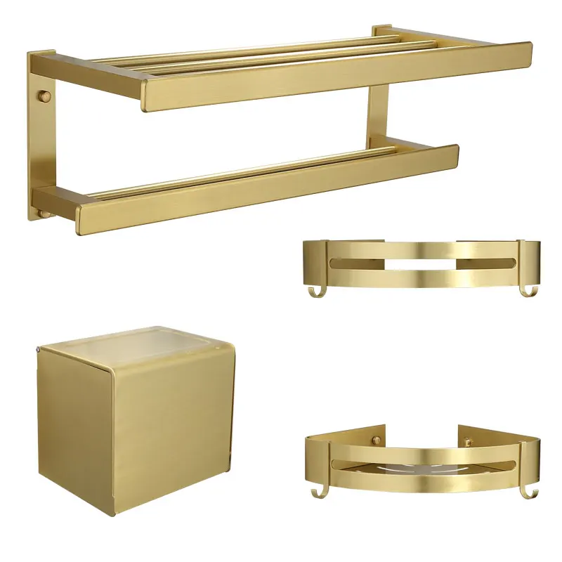 

Bathroom Accessories Fashion Brushed Gold Solid Brass Material Bathroom Hardware Set Robe Hook Towel Rail Rack Bar Toilet Holder